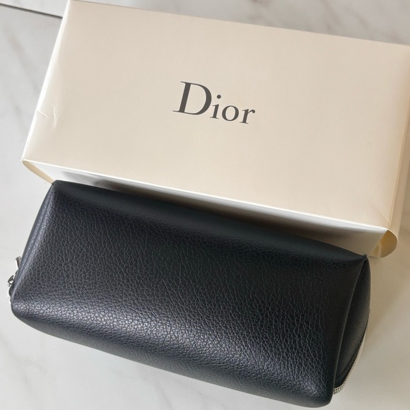 DIOR Black Faux Leather Cosmetic Pouch Makeup Bag Case Embossed Logo New - Picture 7 of 14